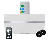 Cappa aspirante 90 cm | Cappa Cucina Inclinata | acciaio inossidabile | vetro bianco | WiFi | auto spegnimento | Illuminazione LED RGBW | Operazione di tocco | HERMES9005WM