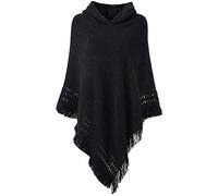Cappa con cappuccio da donna con orlo frange Crochet Poncho modelli di maglieria per le signore Nero Taglia unica