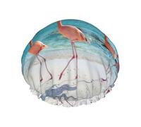 Cappelli da bagno stampati con fenicottero rosa sulla spiaggia, copricapo riutilizzabile a doppio strato, grande copertura per capelli per la cura quotidiana della pelle