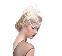 Cappelli da cocktail, Cappello da donna con fascinator, in maglia solida, fiori e piume, fascia for capelli, fermaglio for cocktail tè(Beige)