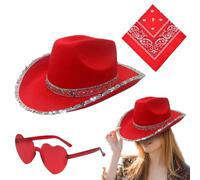 Cappelli da cowgirl Blinging - Cappello da cowgirl Blinging alla | Cappello Bling con occhiali a cuore e fazzoletto | Set di costumi da cowgirl da donna | 3 Cappelli travestito