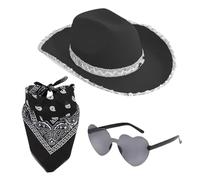 Cappelli da cowgirl Blinging - Cappello da cowgirl Blinging alla | Cappello Bling con occhiali a cuore e fazzoletto | Set di costumi da cowgirl da donna | 3 Cappelli travestito