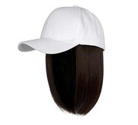 Cappelli da donna, cappelli di moda con parrucche, Adjustable Baseball Cap with Hair Extensions,Women's Short Bob Wig Hat(White hat+dark brown)