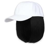 Cappelli da donna, cappelli di moda con parrucche, Adjustable Baseball Cap with Hair Extensions,Women's Short Bob Wig Hat(White hat+natural black)