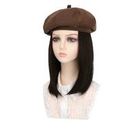 Cappelli da donna, cappelli di moda con parrucche, Stylish Women's Beret Hat Wig - Short Straight Hair in Black, Coffee, and Beige - Synthetic Hair Extensions for Fashionable Looks(Coffee hat+black br