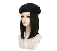 Cappelli da donna, cappelli di moda con parrucche, Stylish Women's Beret Hat Wig - Short Straight Hair in Black, Coffee, and Beige - Synthetic Hair Extensions for Fashionable Looks(Black hat+black bro