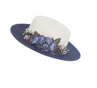Cappelli da donna, cappelli di moda con parrucche, Women's Wide Brim Sun Hat - Handmade Straw Beach Hat with Flower for(Navy blue)