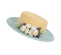 Cappelli da donna, cappelli di moda con parrucche, Women's Wide Brim Sun Hat - Handmade Straw Beach Hat with Flower for(Khaki blue)
