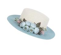 Cappelli da donna, cappelli di moda con parrucche, Women's Wide Brim Sun Hat - Handmade Straw Beach Hat with Flower for(White Blue)