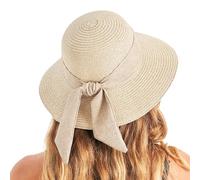 Cappelli da sole da spiaggia per donne UPF 50+, cappello di paglia a falda larga con decorazione a fiocco per donne, cappello da sole in paglia leggero, pieghevole e compatto per viaggi estivi
