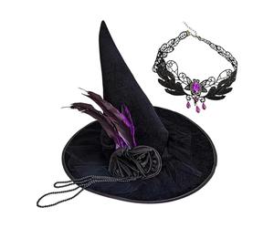 Cappelli da strega da donna Set copricapo in velluto e pizzo | Cappello da strega appuntito per adolescenti, mamme, donne, feste, carnevale, gioco di ruolo