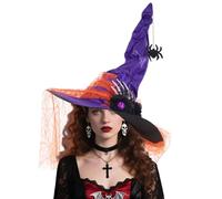 Cappelli da strega di Halloween | Copricapo a punta larga | Cappello da strega con osso delle dita, pizzo e ragno, per decorazioni per feste eventi di ballo per eventi interni da indossare ogni giorno