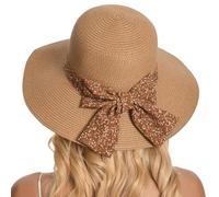 Cappelli di Paglia da Spiaggia per Donne, Cappello Estivo da Spiaggia UV, Cappello di Paglia Pieghevole con Ampia Tesa per Ragazze