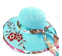 Cappelli di paglia per teste grandi, Cappello Panama da donna in paglia a tesa larga con fiocco ricamato a fiori, cappello spiaggia pieghevole multicolore(Nz127blue)