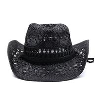 Cappelli estivi da sole per donne e uomini, cappello di paglia da cowboy occidentale modellabile con design scavato per il massimo sole, Nero , Taglia unica