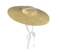Cappelli estivi di paglia naturale per le donne fatti a mano a tesa larga da spiaggia cappellini eleganti piatti top lungo nastro pizzo cappello da sole, bianco, Hat Brim 18CM