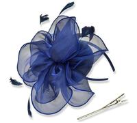 Cappelli Fascinators da Donna, Cappello da Tea Party in Organza con Piume a Rete con Fascia per Capelli e Clip Cappello a Fiore Blu Navy per Matrimonio, Cocktail Party, Tè