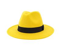 Cappelli Fedora per donne e uomini, cappelli stile fedora a tesa larga con nastro solido per donne e uomini, cappelli jazz britannici per uomini, giallo 2, M