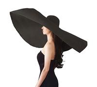 Cappellini di paglia da spiaggia di grandi dimensioni per donna, design a tesa larga extra grande, pieghevole, protezione solare da spiaggia, viaggi, estate, Diametro: 90 cm, nero, 7 1/8-7 1/4