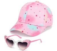 Cappellino Baseball e Occhiali da Sole Bambina, Cappellini con Visiera Regolabile Berretto Estivo da Spiaggia con Stelle Arcobaleno Occhiali da Sole Cuore Colorato Cappello Trucker per Bambini