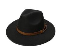 Cappello a bombetta da donna in feltro vintage a tesa larga Fedora Panama Jazz Bowler Hat Adult Leather Band Cappelli, Nero , L