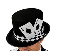 Cappello a cilindro da uomo con motivo a carte da gioco, accessorio per costume da mago per spettacoli teatrali e Halloween, cappello in feltro, versatile copricapo per intrattenitori amatoriali