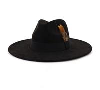 Cappello a cilindro in pelle scamosciata con fascia di piume, 9,5 cm, cappello Fedora a tesa grande per feste in feltro, Nero , M