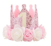 Cappello a corona per il 1° compleanno della bambina, design floreale con paillettes rosa e oro, festa del 1°/2° compleanno, festa del 1° compleanno, bambina del 1° compleanno, accessori fotografici p