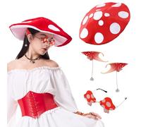 Cappello a fungo rosso accessori per costume da fata, orecchie da elfo, occhiali rinascimentali, cosplay, vestito per adulti e donne, Halloween, feste di Ren Faire (3 pezzi)