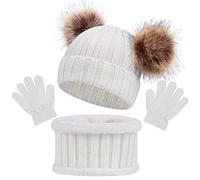 Cappello a Maglia Bambini Invernale Sciarpa Guanti 3 Pezzi,Termico Maglia Crochet Doppio PomPom Cappello Sciarpa Guanti 3 in 1,per 1-6 Anni Ragazzi Ragazze (Bianco)