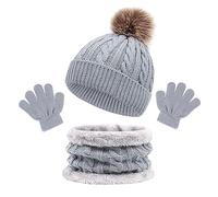 Cappello a Maglia Bambini, Inverno Berretto Sciarpa Guanti Set, Morbida Beanie Lavorato con Pompon Soffice Caldo Scaldacollo Guanto 3In1 All'Aperto per Ragazzi e Ragazze 2-8 Anni G Grigio