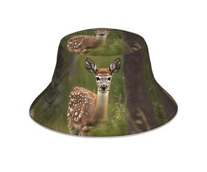 Cappello a Secchiello con Stampa di Cervo dalla Coda Bianca e cerbiatto nella Natura Selvaggia, Uomo Donna, Pieghevole con Protezione Solare per Pesca e Trekking