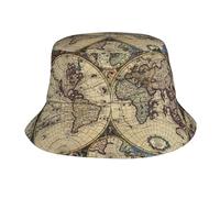 Cappello a Secchiello con Stampa di mappamondo Antica per Uomo e Donna, Pieghevole, con Protezione Solare, Reversibile, Ideale per la Pesca e l'escursionismo.