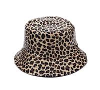 Cappello a secchiello con stampa leopardata in pelle PU Cheetah Animal Pattern Cappelli da pioggia reversibili Packable Berretti da pescatore per le donne, cachi, Etichettalia unica
