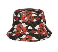 Cappello a Secchiello Piatto Rosso con Drago Cinese per Uomo e Donna, Cappelli con Drago per L'Estate, per la Spiaggia e la Pesca.
