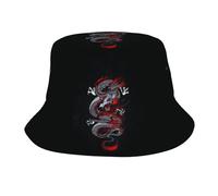 Cappello a Secchiello Piatto Rosso con Drago Cinese per Uomo e Donna, Cappelli con Drago per L'Estate, per la Spiaggia e la Pesca.