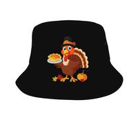 Cappello a Secchiello Pieghevole con Simpatico Tacchino e Zucca per Il Ringraziamento, Ideale per attività all'aperto, Spiaggia, Pesca e Sole, per Uomo e Donna.
