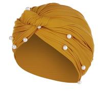 Cappello a turbante da donna con perle e perline musulmane G35, Giallo, Taglia unica