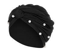Cappello a turbante da donna con perle e perline musulmane G35, Nero , Taglia unica