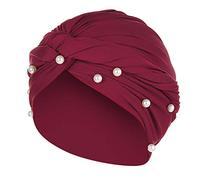 Cappello a turbante da donna con perle e perline musulmane G35, vino, Taglia unica