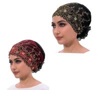 Cappello a turbante in rete ricamato floreale con dettaglio in pizzo da donna, 1 nero e 1 rosso vino, M (taglia unica)