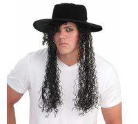 Cappello Adulto Degli Anni '80 E Parrucca Nera Lunga Riccia