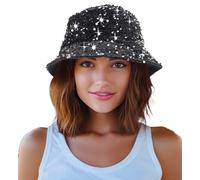 Cappello alla pescatora da donna con paillettes, cappello da spiaggia per feste, ragazze e adolescenti, con paillettes lucide, cappello da sole per viaggi, Nero , M