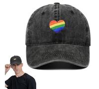 Cappello Arcobaleno in Denim Nero con Cuori Colorati, Unisex, Adatto a Tutti, Ideale per Estate e Eventi di Orgoglio