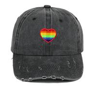 Cappello Baseball Donna Uomo in Denim Nero con Cuore Arcobaleno Ricamato, Effetto Strappato, Taglia Unica, Berretto Unisex Estivo Fashion per Pride, Festival e Tempo Libero