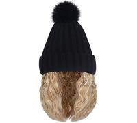 Cappello con capelli, Berretto con capelli attaccati per donna, Cappello nero con parrucca, Parrucca berretto corta e riccia, Abbinamento facile e alla moda per foto, viaggi, Trucco quotidiano, con