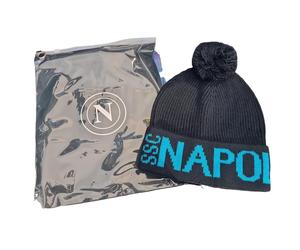 Cappello con ponpon blu con scritta azzurra in maglia in gift bag ssc napoli