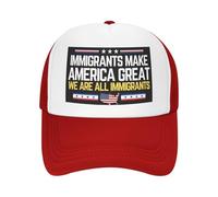 Cappello con scritta "Immigrants Make America Great" (Gli immigrati rendono grande l'America) Cappello con scritta "We are All Immigrants" (Siamo tutti immigrati) Cappello in rete per uomo e donna, ne
