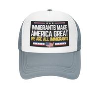 Cappello con scritta "Immigrants Make America Great" (Gli immigrati rendono grande l'America) Cappello con scritta "We are All Immigrants" (Siamo tutti immigrati) Cappello in rete per uomo e donna, ne