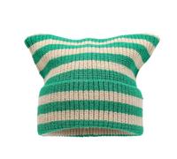 Cappello Coreano a Righe Bianche e Nere con Orecchie di Gatto - Caldo Cappuccio Lavorato a Maglia for Il Freddo(Green)